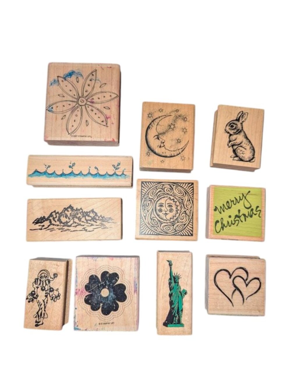 Huge Lot of 11 Vintage Wooden Wood Rubber Stamps Floral Moon Sun Waves Animals